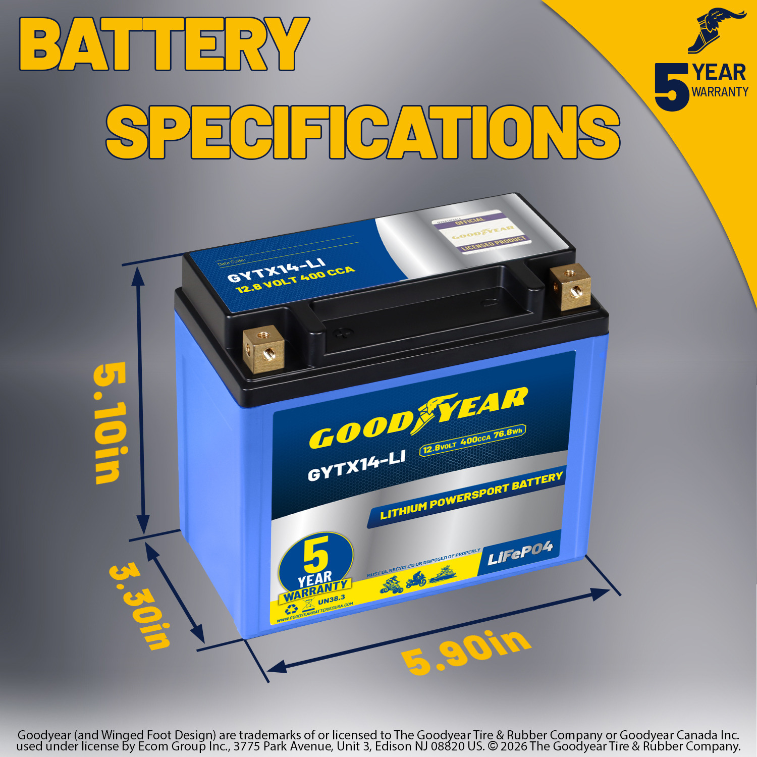 Goodyear GYTX14-LI Lithium LiFePO4 12.8V 400CCA Rechargeable High Performance Powersport Battery with Smart BMS Replacement for Motorcycle, ATV, UTV, Scooter, Watercraft, Jet Ski, and Snowmobile
