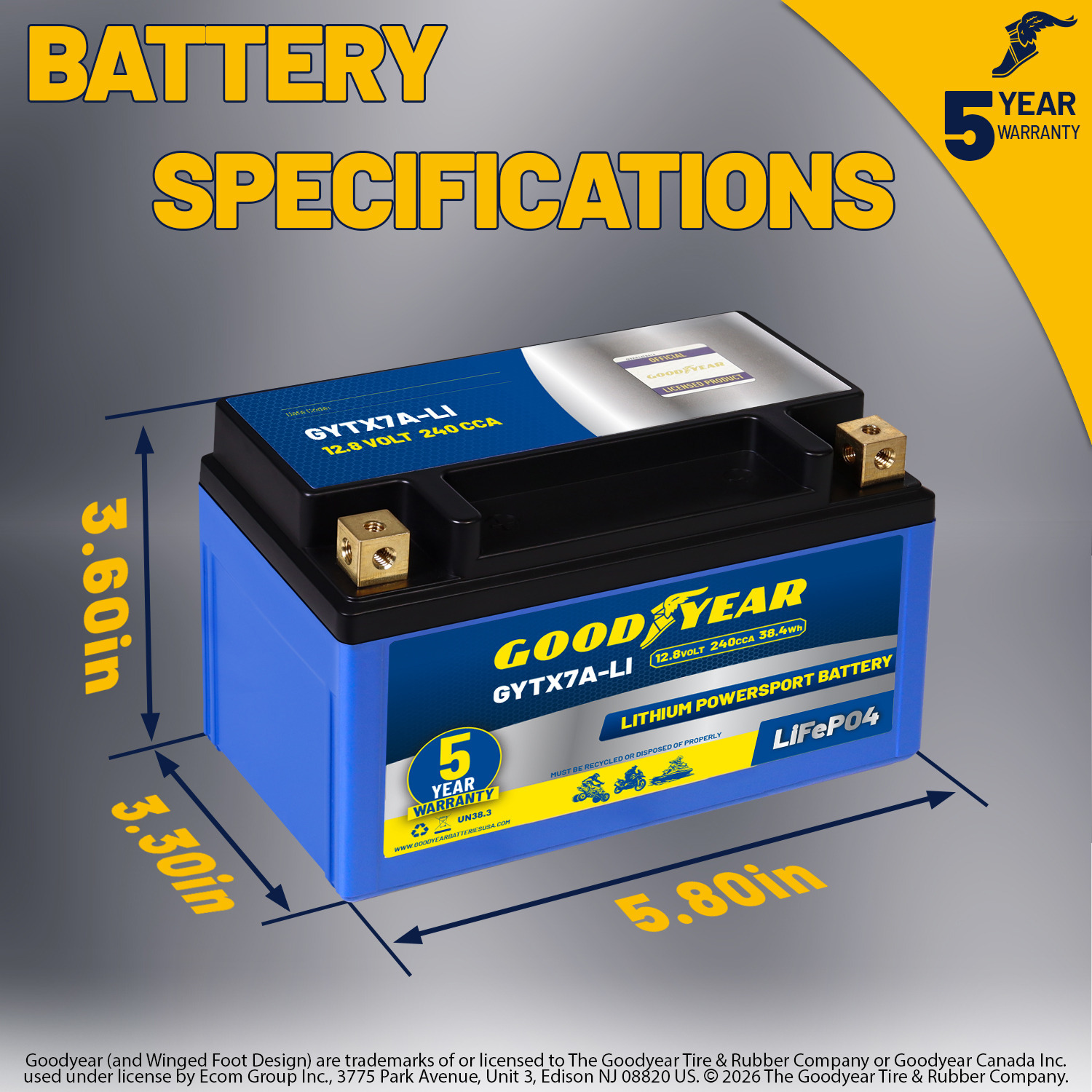 Goodyear GYTX7A-LI Lithium LiFePO4 12.8V 240CCA Rechargeable High Performance Powersport Battery with Smart BMS Replacement for Motorcycle, ATV, UTV, Scooter, Watercraft, Jet Ski, and Snowmobile
