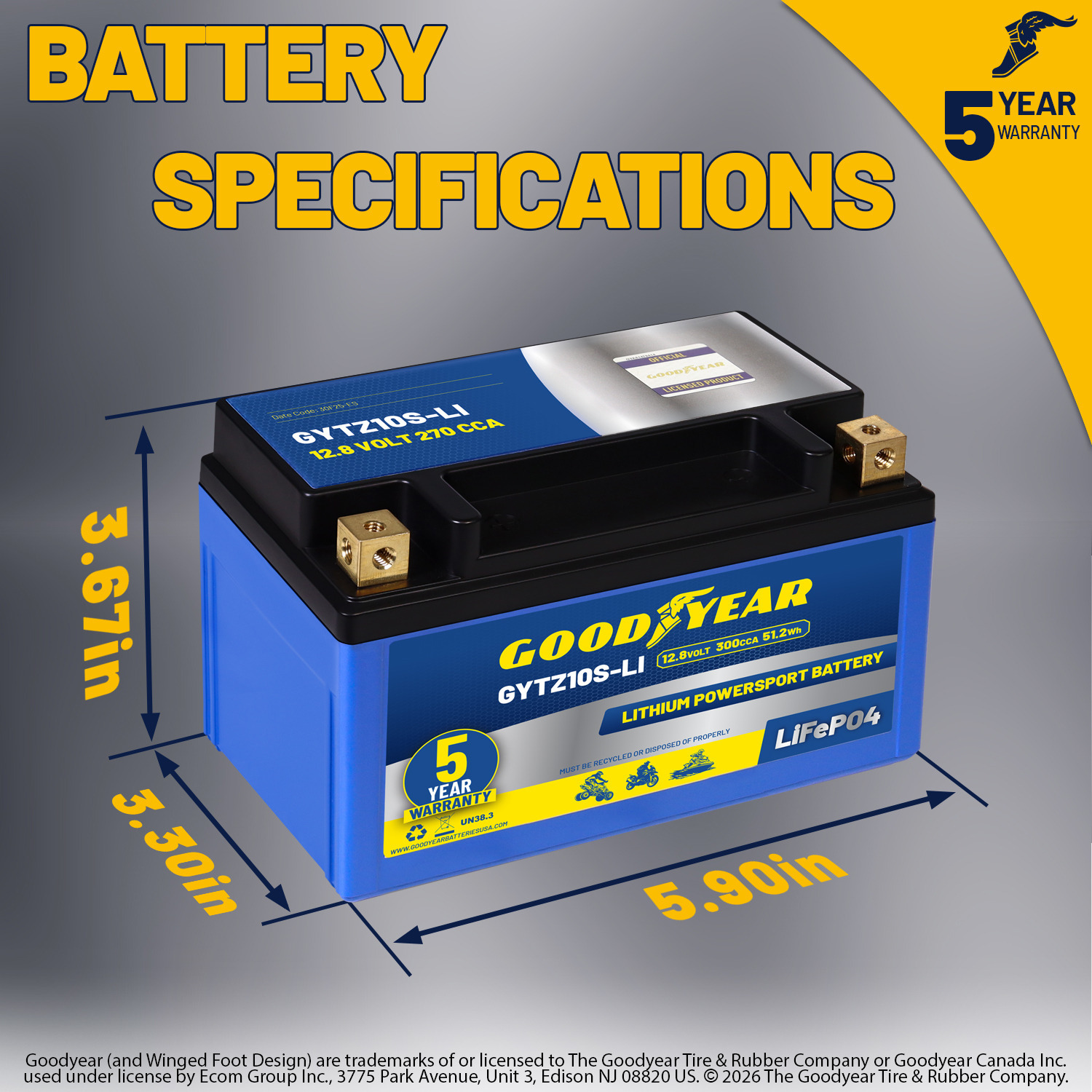 Goodyear GYTZ10S-LI Lithium LiFePO4 12.8V 300CCA Rechargeable High Performance Powersport Battery with Smart BMS Replacement for Motorcycle, ATV, UTV, Scooter, Watercraft, Jet Ski, and Snowmobile