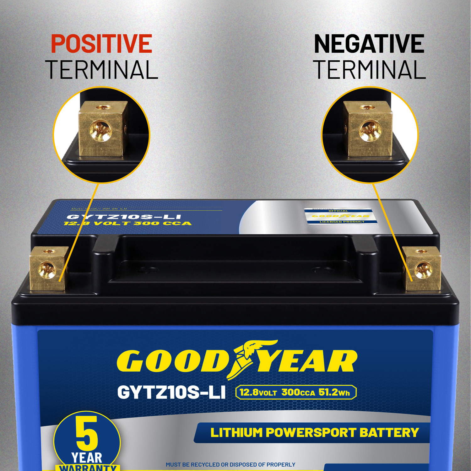 Goodyear GYTZ10S-LI Lithium LiFePO4 12.8V 300CCA Rechargeable High Performance Powersport Battery with Smart BMS Replacement for Motorcycle, ATV, UTV, Scooter, Watercraft, Jet Ski, and Snowmobile