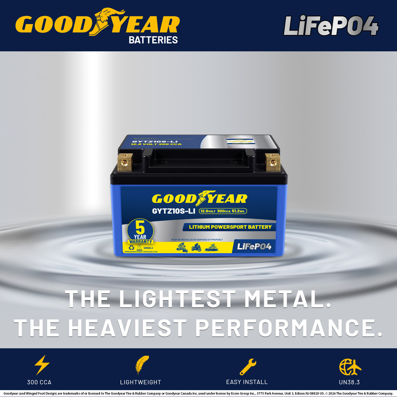 Goodyear GYTZ10S-LI Lithium LiFePO4 12.8V 300CCA Rechargeable High Performance Powersport Battery with Smart BMS Replacement for Motorcycle, ATV, UTV, Scooter, Watercraft, Jet Ski, and Snowmobile