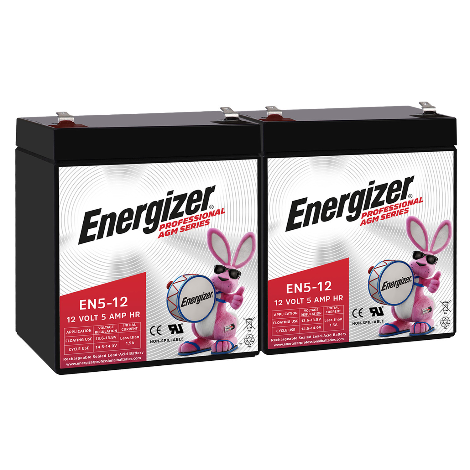Energizer EN5-12 - 2 PACK - 12 Volt 5 Amp Hr, Long Lasting Sealed Lead Acid AGM Rechargeable Battery Ideal For Use In Garage Door, Alarm Panels, Kids Ride On, Backup Power, and more