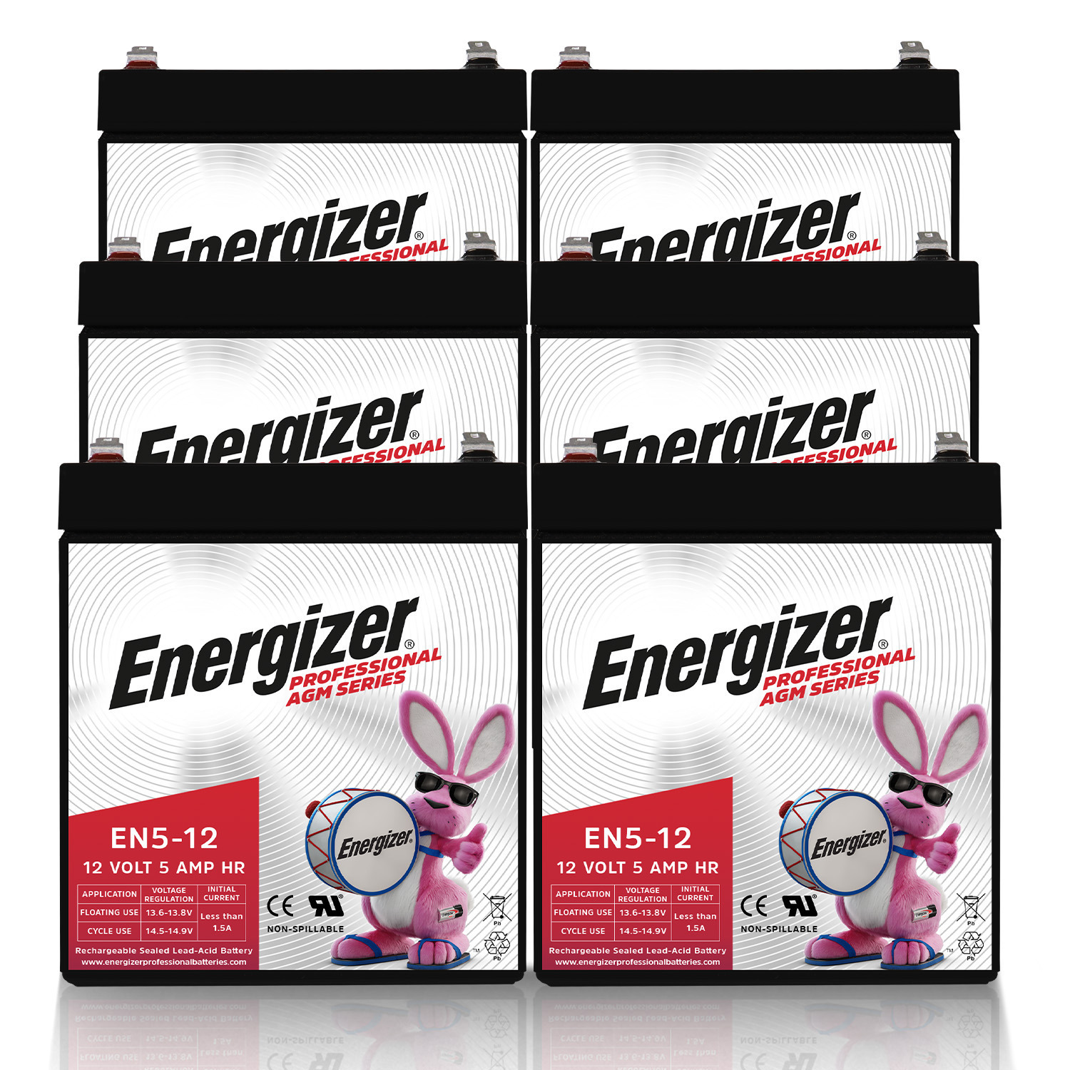 Energizer EN5-12 - 6 PACK - 12 Volt 5 Amp Hr, Long Lasting Sealed Lead Acid AGM Rechargeable Battery Ideal For Use In Garage Door, Alarm Panels, Kids Ride On, Backup Power, and more