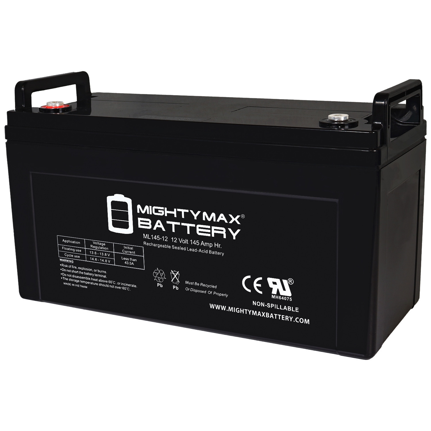 Mighty Max Battery ML145-12 - 12 Volt 145 AH, Internal (INT) Terminal, Rechargeable SLA AGM Battery