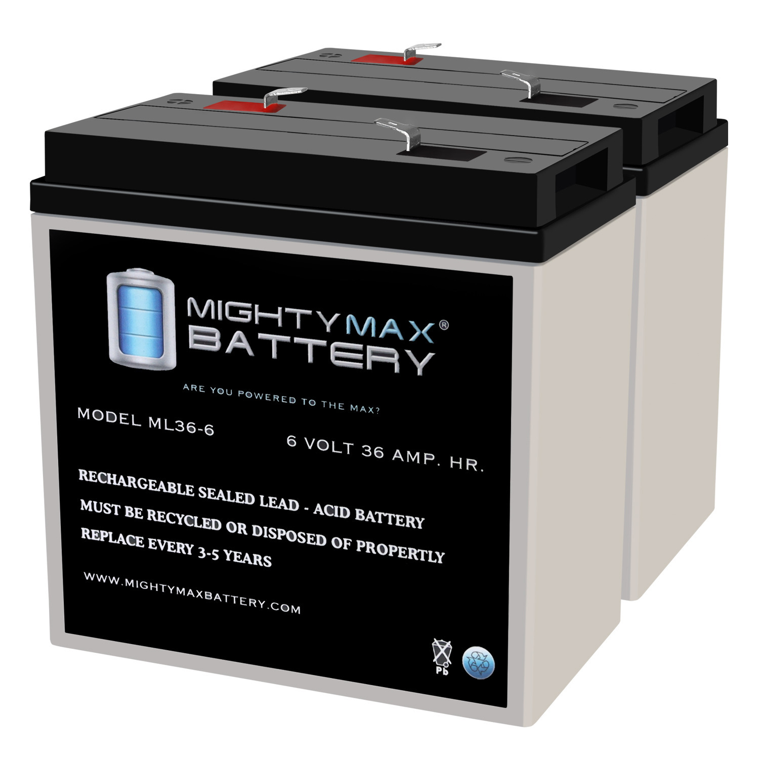 ML36-6 - 6 Volt 36 AH, F2 Terminal, Rechargeable SLA AGM Battery - 2 Pack