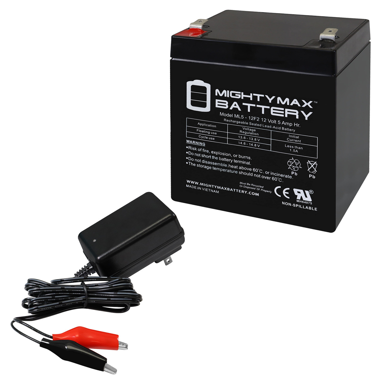 ML5-12F2 - 12 Volt 5 AH, F2 Terminal, Rechargeable SLA AGM Battery Includes 6V Charger