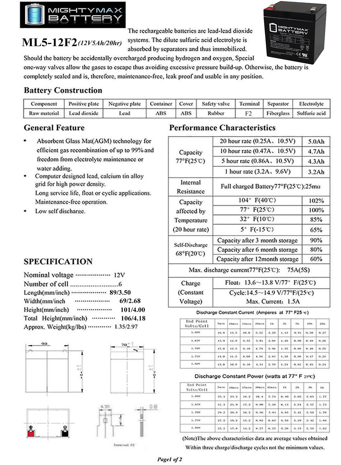 ML5-12F2 - 12 Volt 5 AH, F2 Terminal, Rechargeable SLA AGM Battery Includes 6V Charger