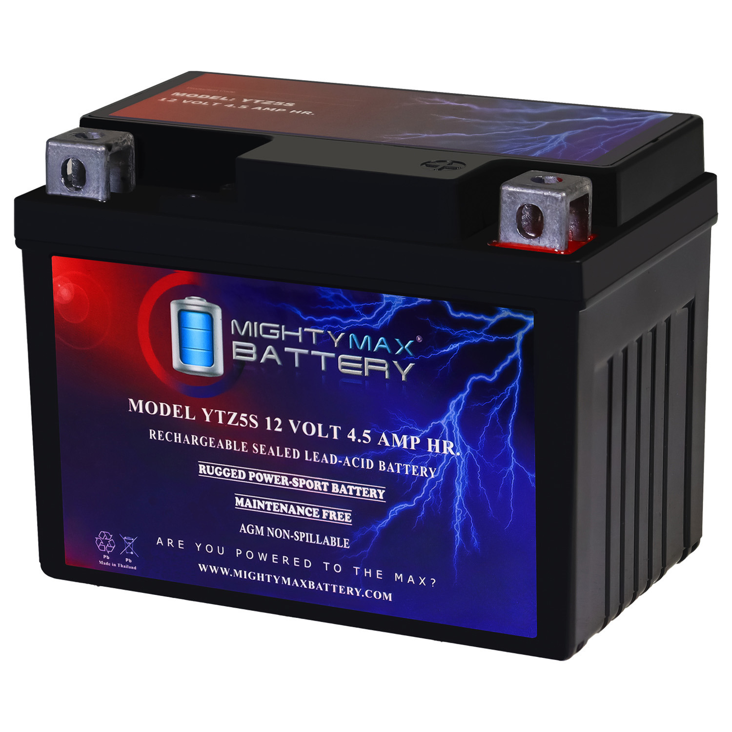 YTZ5S - 12 Volt 4.5 AH, 65 CCA, Rechargeable Maintenance Free SLA AGM Motorcycle Battery