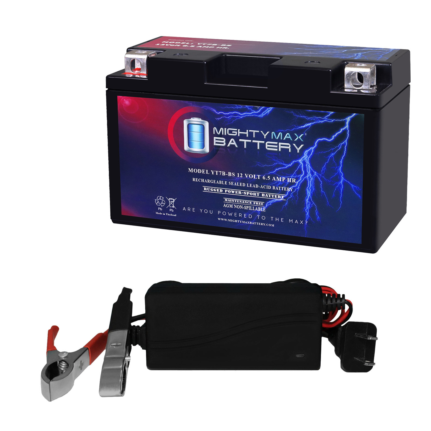 YT7B-BS -12 Volt 6.5 AH, 110 CCA, Rechargeable SLA AGM Motorcycle Battery + 12V 1AMP Charger