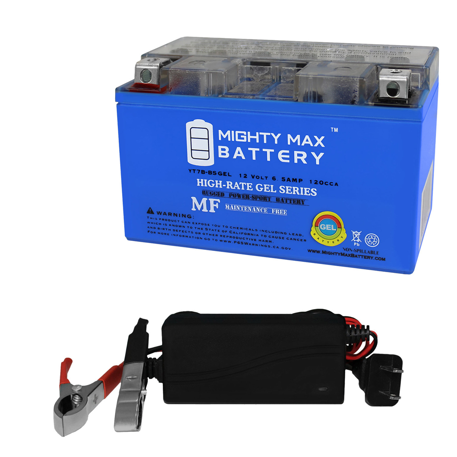 YT7B-BS GEL -12 Volt 6.5 AH, GEL Type, 110 CCA, Rechargeable Maintenance Free SLA AGM Motorcycle Battery	 + 12V 1AMP Charger