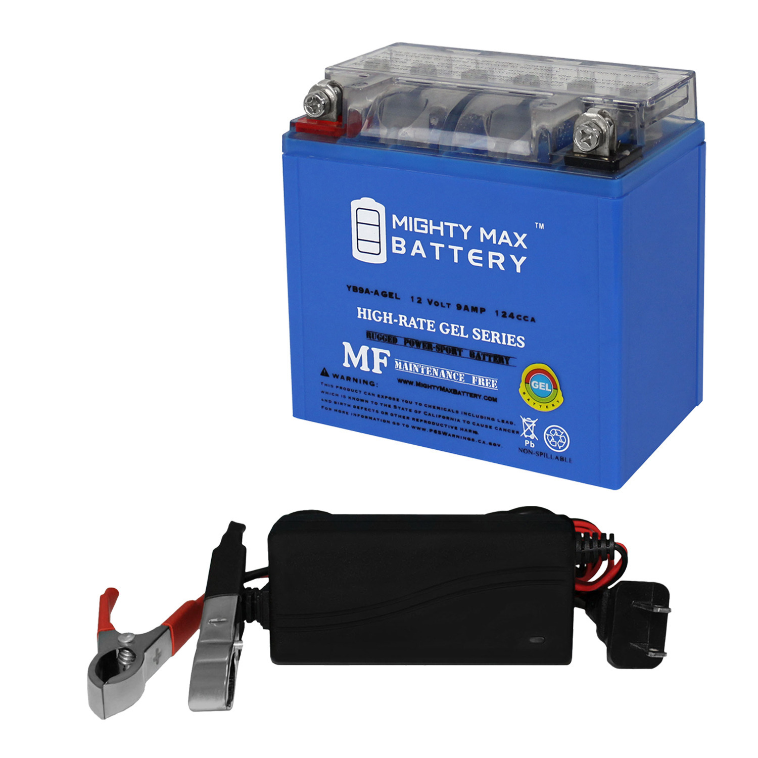 YB9A-A GEL - 12 Volt 9 AH, GEL Type, 130 CCA, Rechargeable Maintenance Free SLA AGM Motorcycle Battery + 12V 1AMP Charger