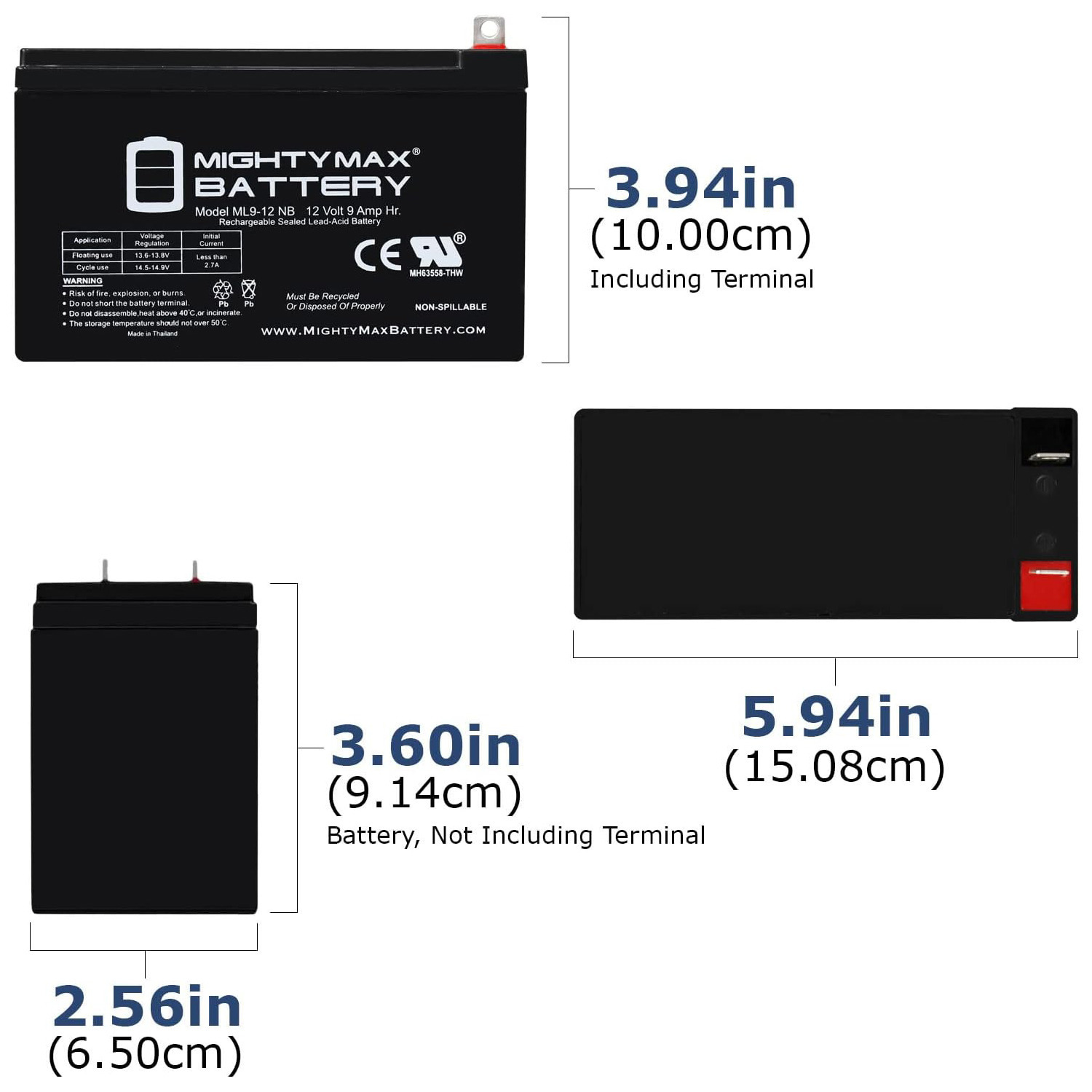 ML9-12NB -12 Volt 9 AH, Nut and Bolt (NB) Terminal, Rechargeable SLA AGM Battery + 12V 2AMP Charger