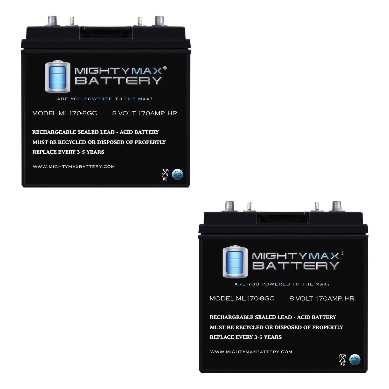 Mighty Max Battery ML170-8GC - 8 Volt 170 AH, Dual Terminal, Rechargeable SLA AGM Battery For Golf Cart - Pack of 2