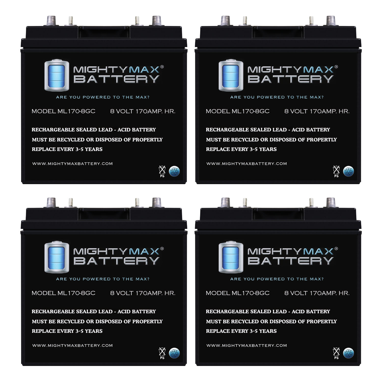 Mighty Max Battery ML170-8GC - 8 Volt 170 AH, Dual Terminal, Rechargeable SLA AGM Battery For Golf Cart - Pack of 4