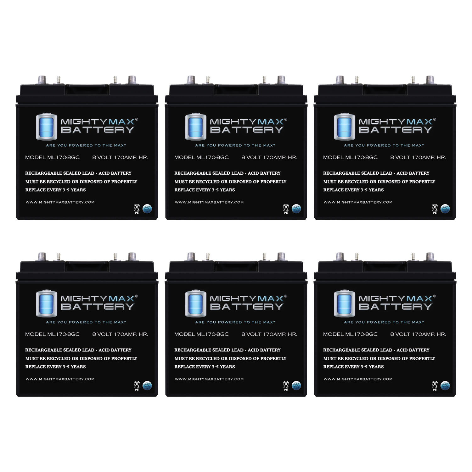 Mighty Max Battery ML170-8GC - 8 Volt 170 AH, Dual Terminal, Rechargeable SLA AGM Battery For Golf Cart - Pack of 6