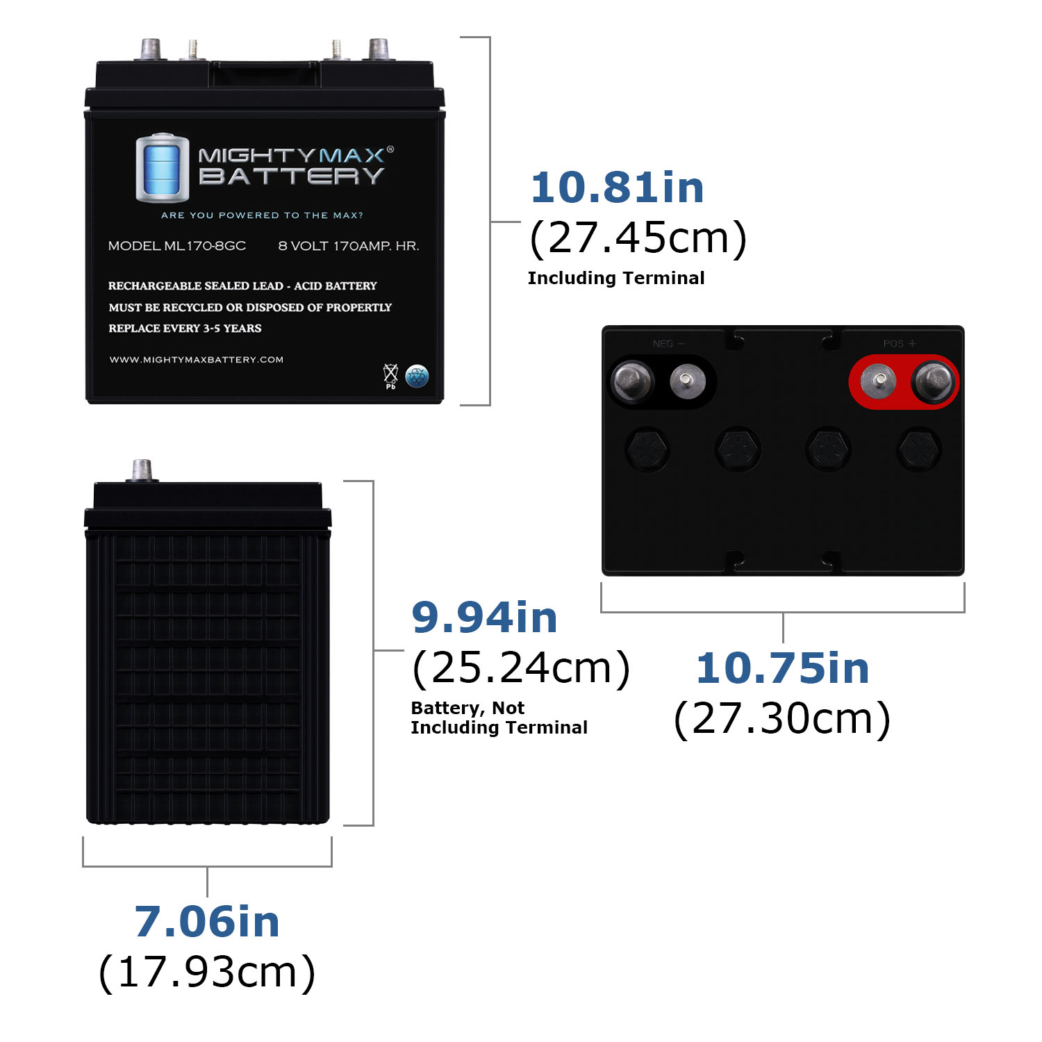 Mighty Max Battery ML170-8GC - 8 Volt 170 AH, Dual Terminal, Rechargeable SLA AGM Battery For Golf Cart - Pack of 6