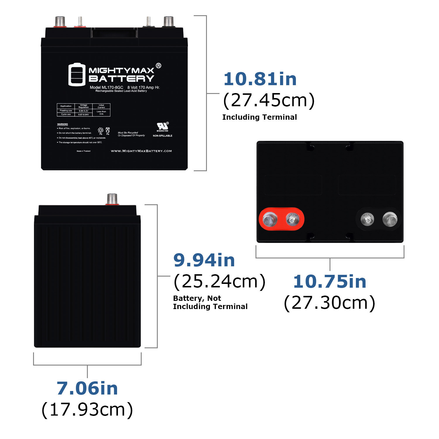 Mighty Max Battery ML170-8GC - 8 Volt 170 AH, Dual Terminal, Rechargeable SLA AGM Battery For Golf Cart - Pack of 6