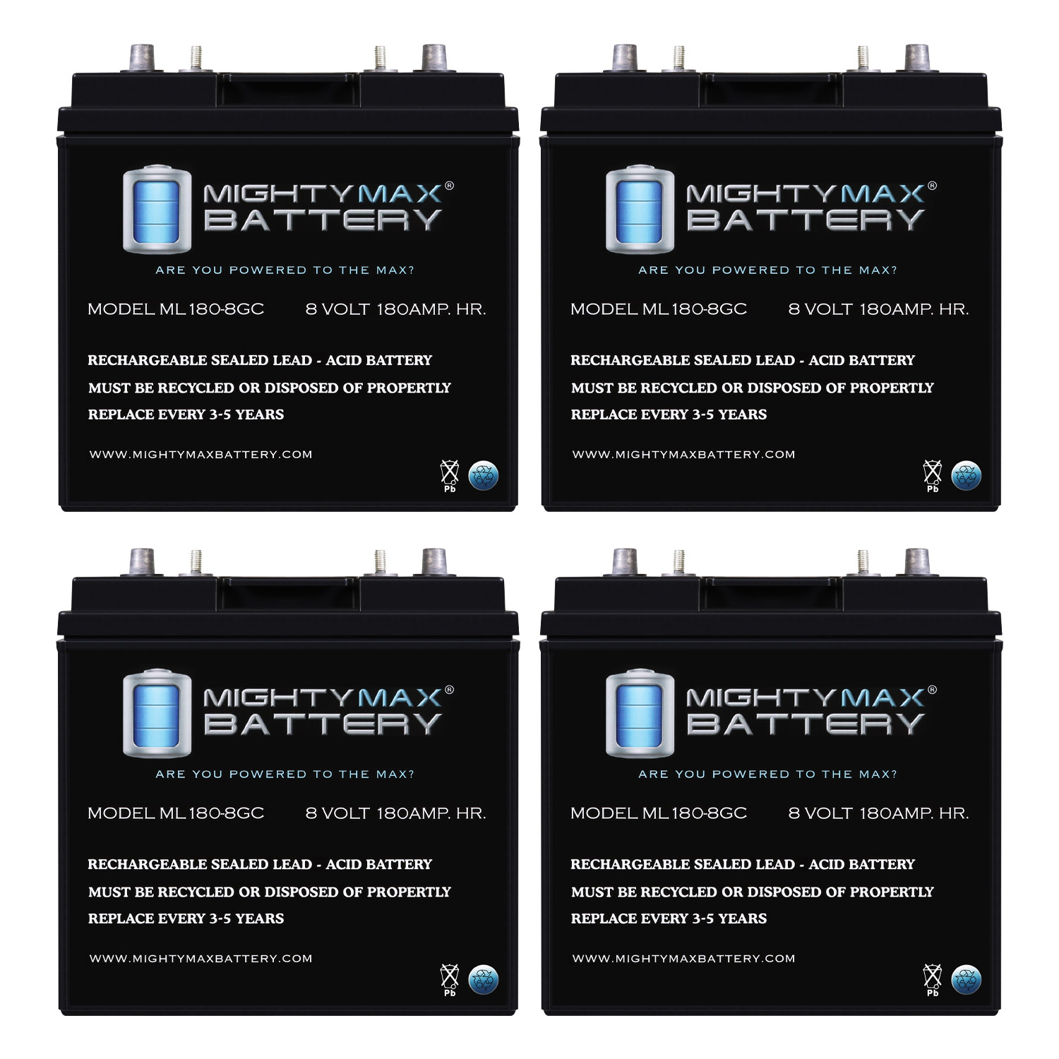 Mighty Max Battery ML180-8GC - 8 Volt 180 AH, Dual Terminal, Rechargeable SLA AGM Battery For Golf Cart - Pack of 4