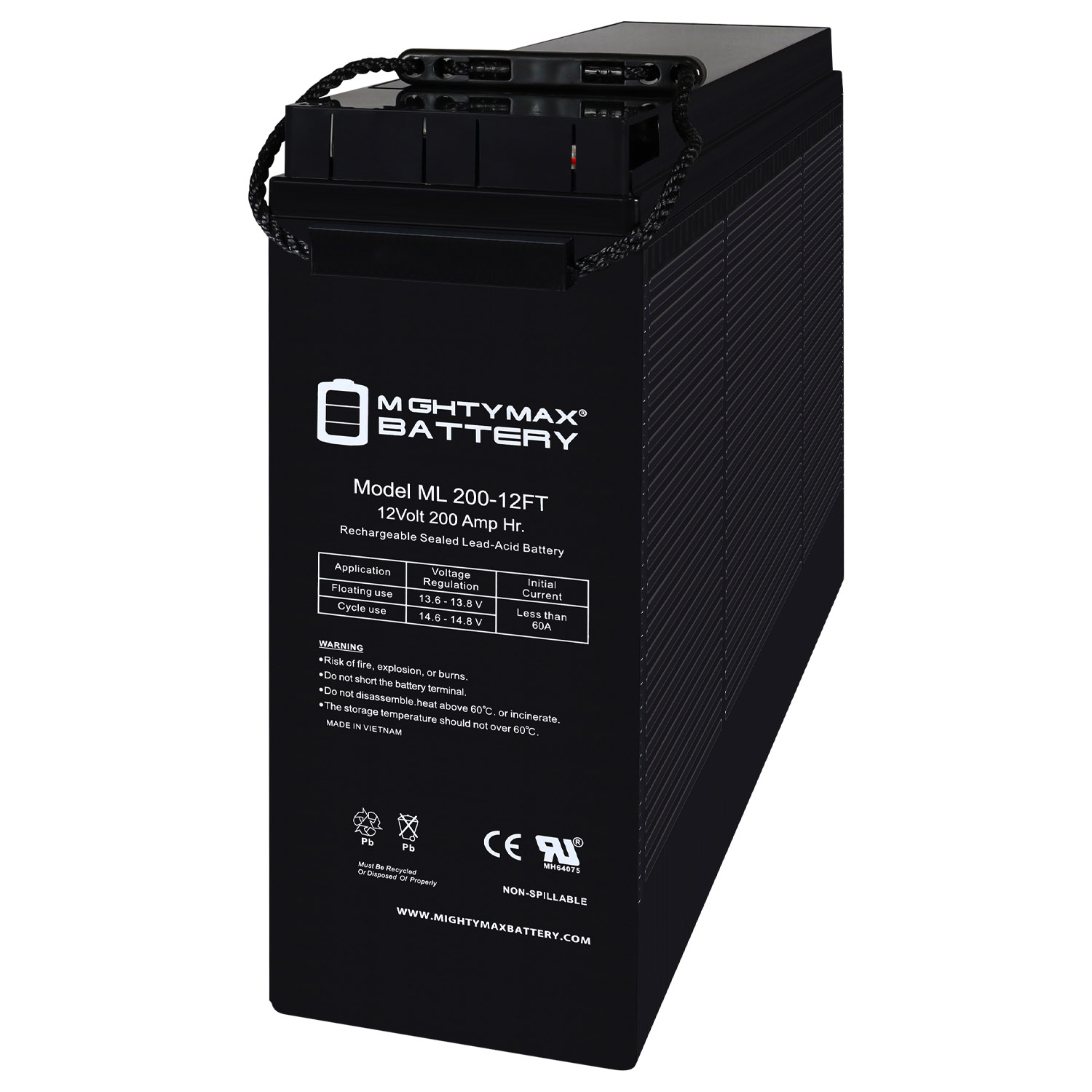 ML200-12FT - 12 Volt 200 AH, Front Terminal, Rechargeable SLA AGM Battery