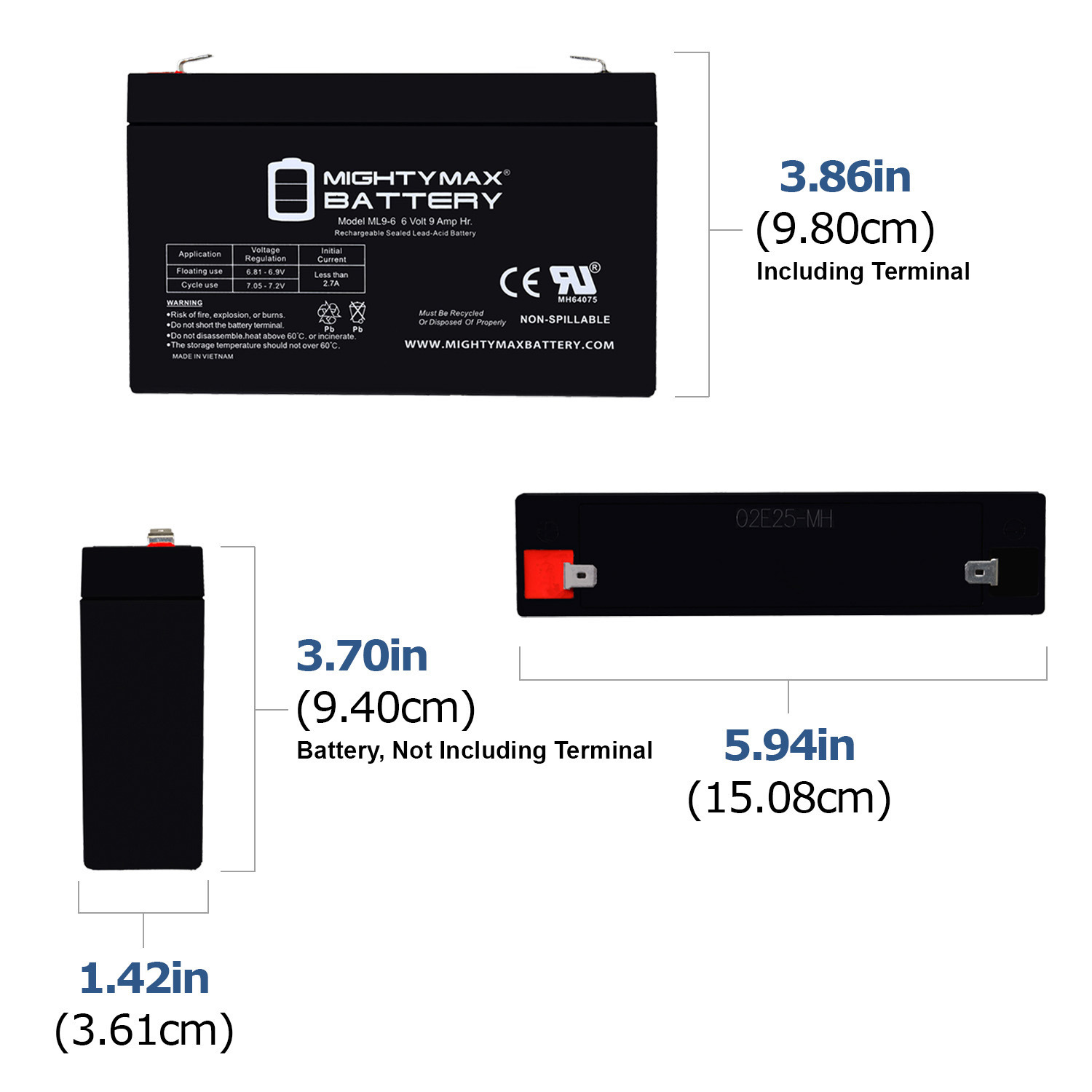 ML9-6 - 6 Volt 9 AH, F2 Terminal, Rechargeable SLA AGM Battery - Pack of 4