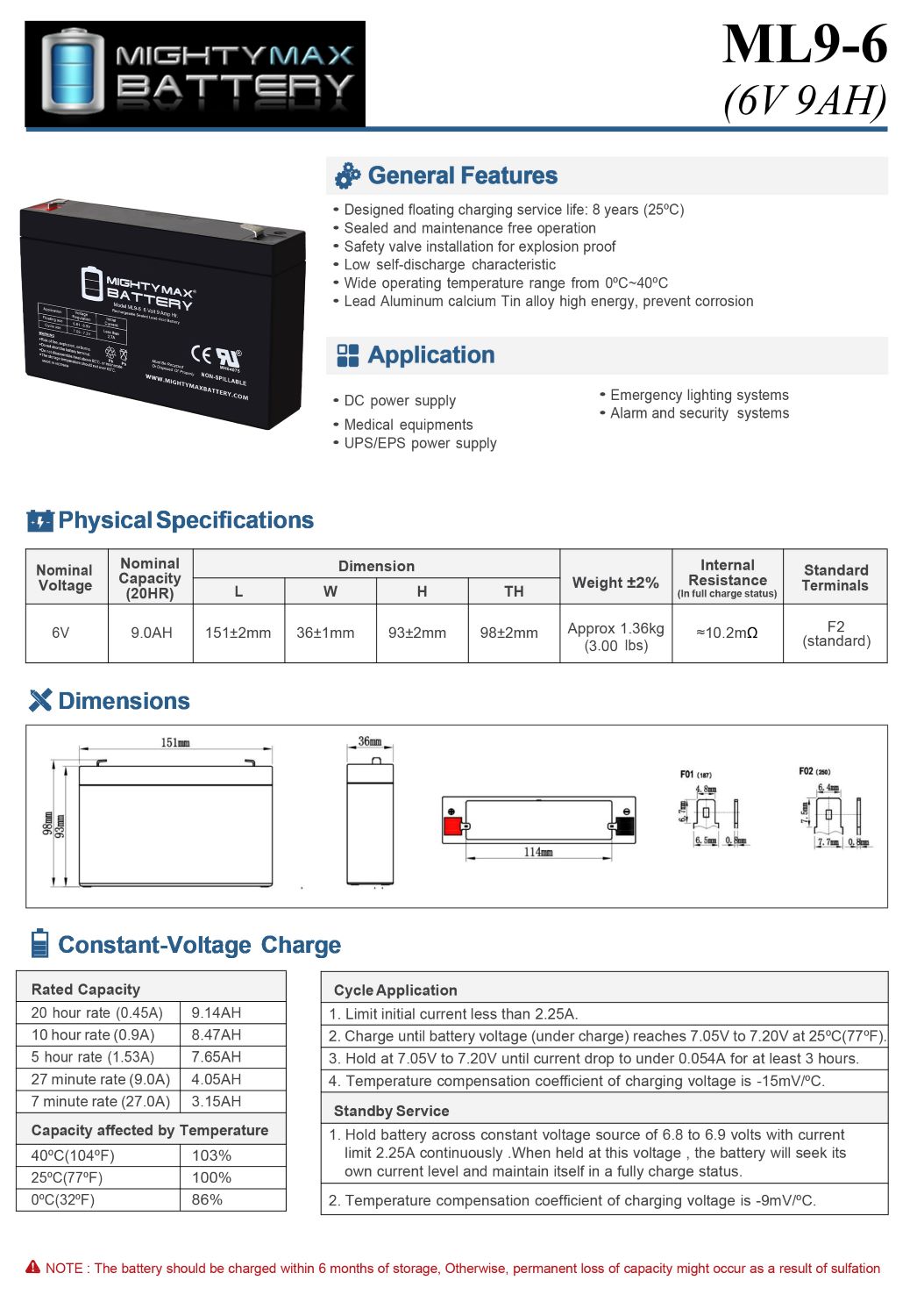ML9-6 - 6 Volt 9 AH, F2 Terminal, Rechargeable SLA AGM Battery Includes 6V Charger
