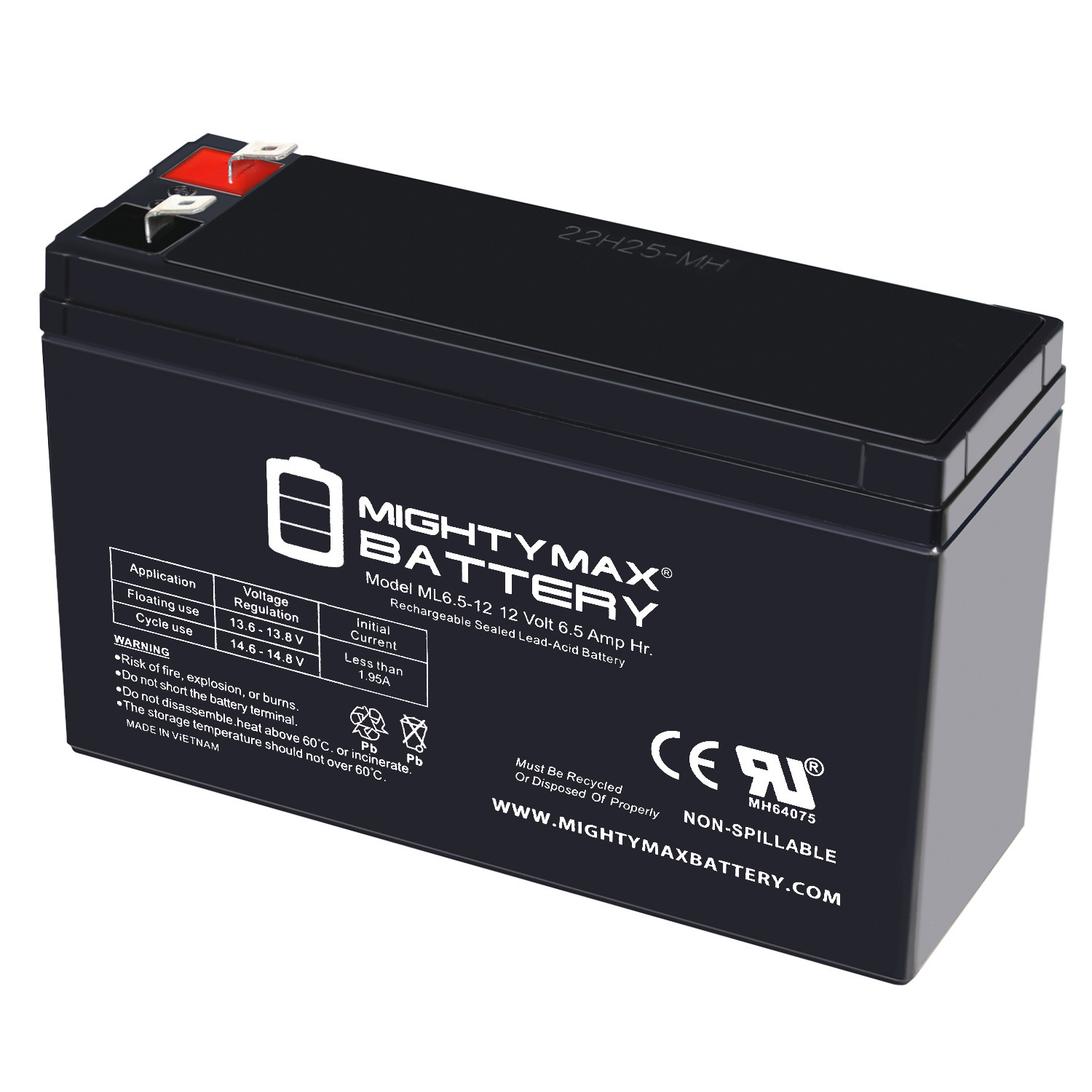 ML6.5-12  - 12 Volt 6.5 AH, F2 Terminal, Rechargeable SLA AGM Battery