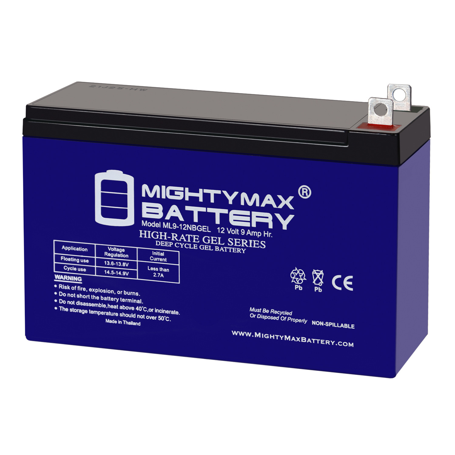 ML9-12NB GEL -12 Volt 9 AH, Nut and Bolt (NB) Terminal, Rechargeable GEL Battery