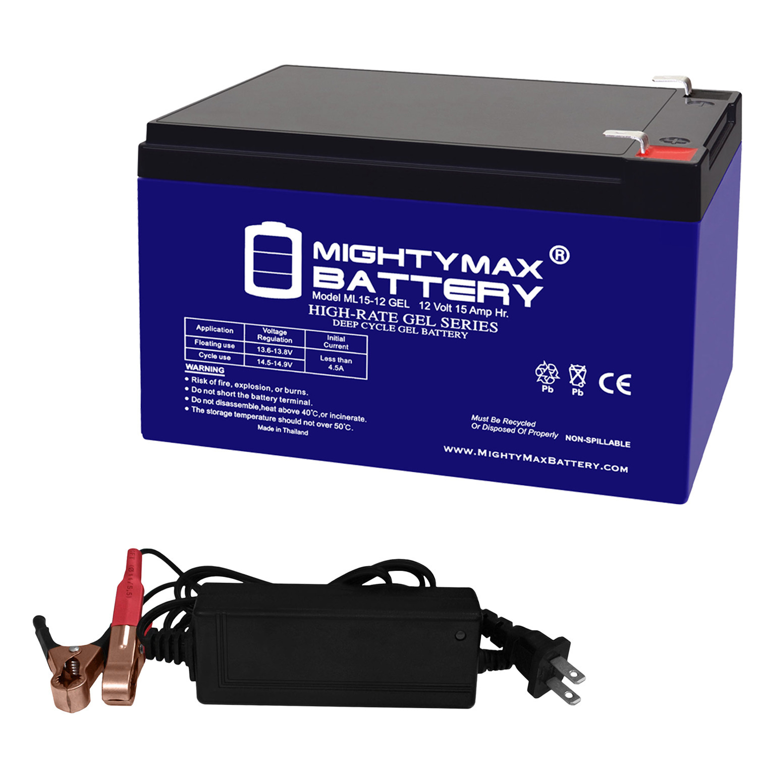 ML15-12 GEL - 12 Volt 15 AH, GEL Type, F2 Terminal, Rechargeable SLA AGM Battery + 12V 2AMP Charger