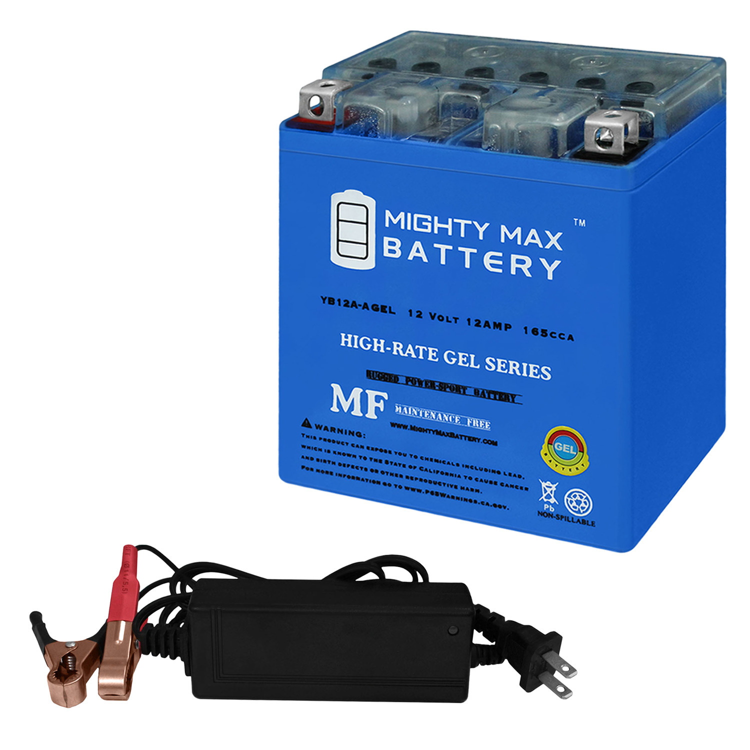 YB12A-A GEL -12 Volt 12 AH, 165 CCA, GEL Type, Rechargeable Maintenance Free SLA AGM Motorcycle Battery + 12V 2Amp Charger