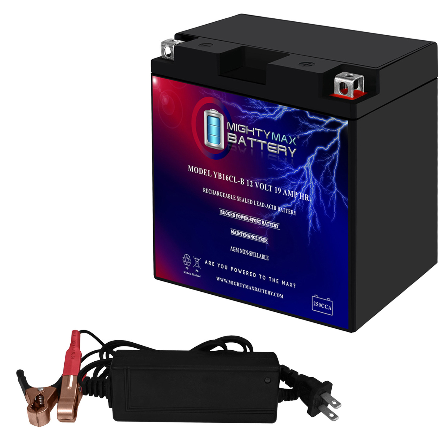 YB16CL-B -12 Volt 19 AH, 250 CCA, Rechargeable Maintenance Free SLA AGM Motorcycle Battery + 12V 2AMP Charger