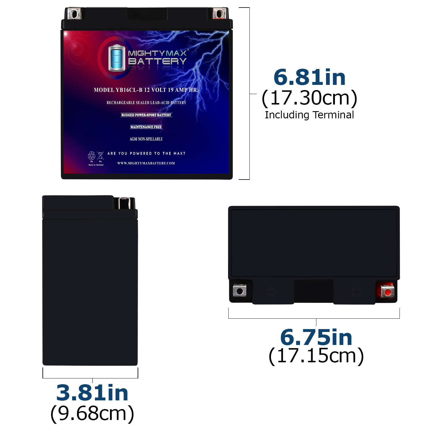 YB16CL-B -12 Volt 19 AH, 250 CCA, Rechargeable Maintenance Free SLA AGM Motorcycle Battery + 12V 2AMP Charger