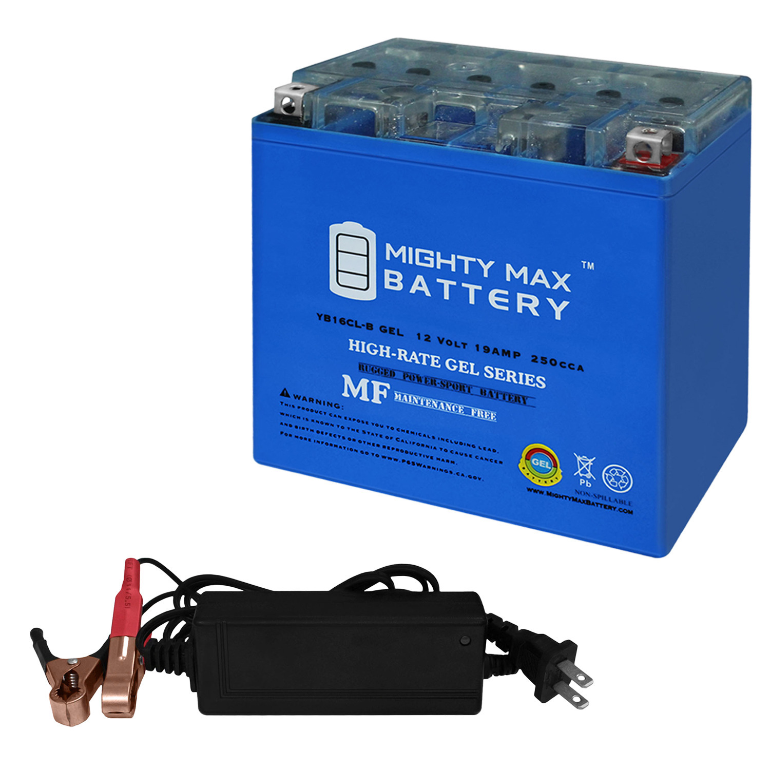 YB16CL-B GEL -12 Volt 19 AH, GEL Type, 250 CCA, Rechargeable Maintenance Free SLA AGM Motorcycle Battery + 12V 2AMP Charger