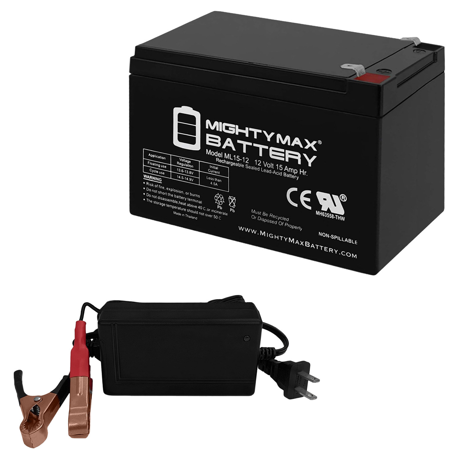 ML15-12 - 12 Volt 15 AH, F2 Terminal, Rechargeable SLA AGM Battery + 12V 4Amp Charger