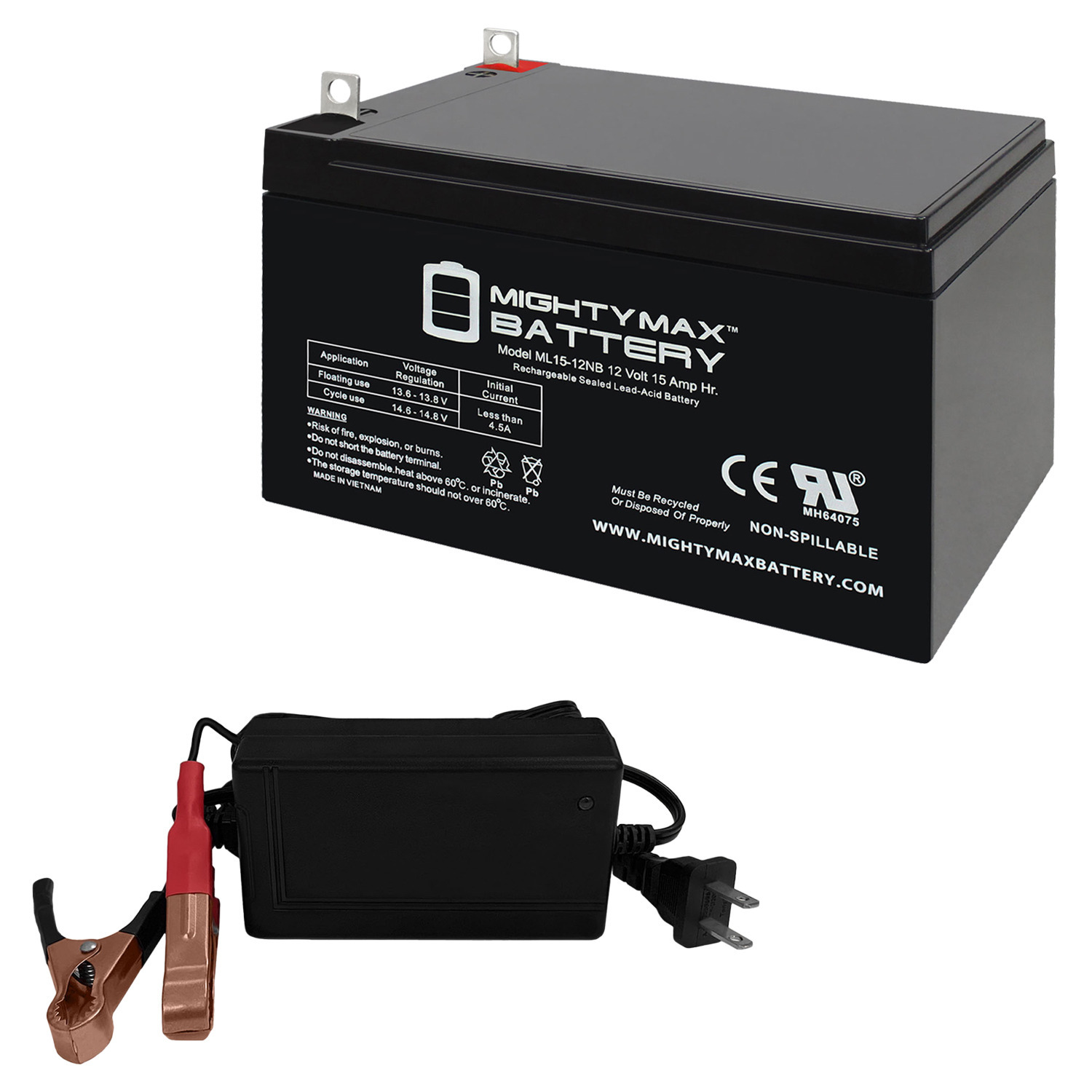 ML15-12NB - 12 Volt 15 AH, NB Terminal, Rechargeable SLA AGM Battery + 12V 4Amp Charger