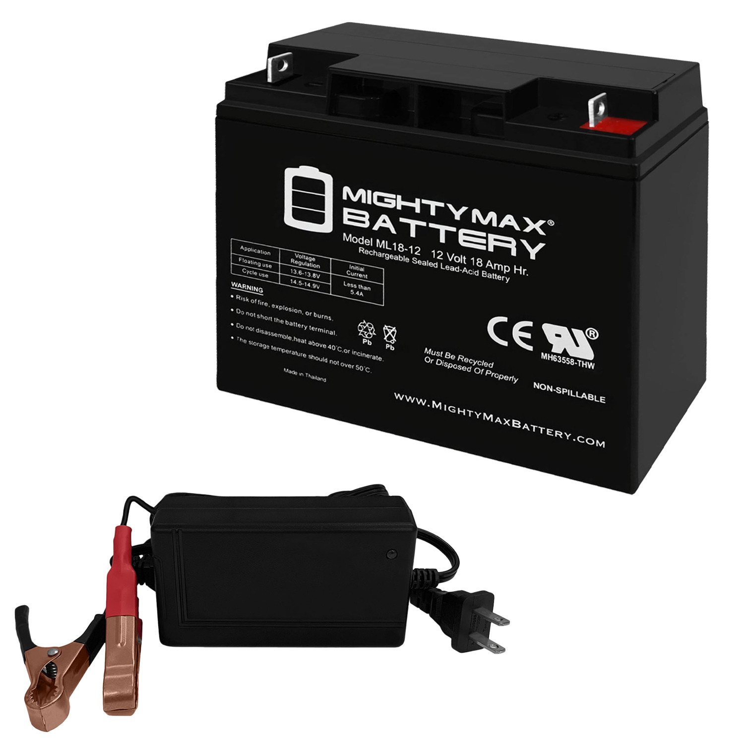 ML18-12 - 12 Volt 18 AH, Nut and Bolt (NB) Terminal, Rechargeable SLA AGM Battery + 12V 4Amp Charger