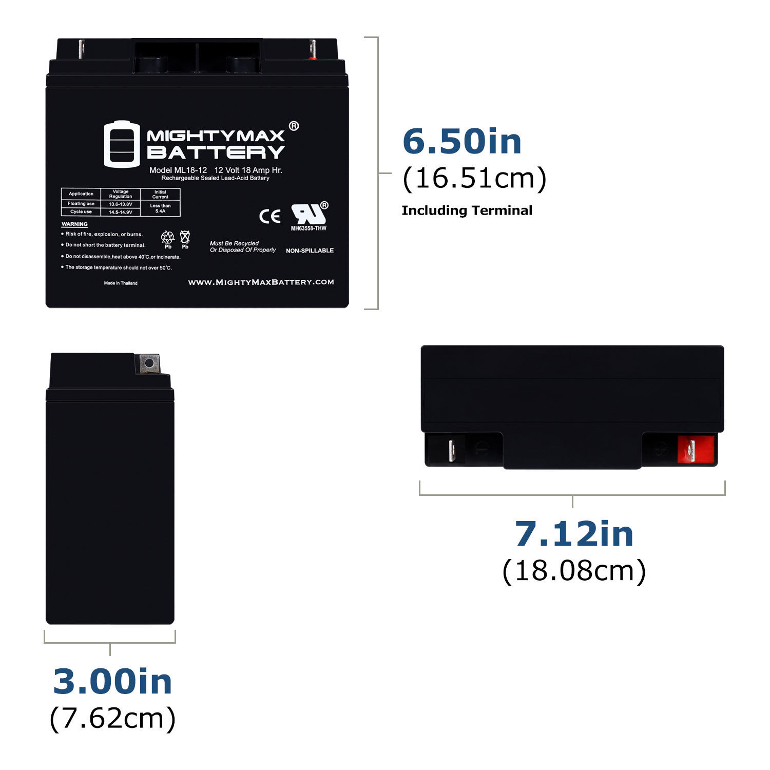 ML18-12 - 12 Volt 18 AH, Nut and Bolt (NB) Terminal, Rechargeable SLA AGM Battery + 12V 4Amp Charger