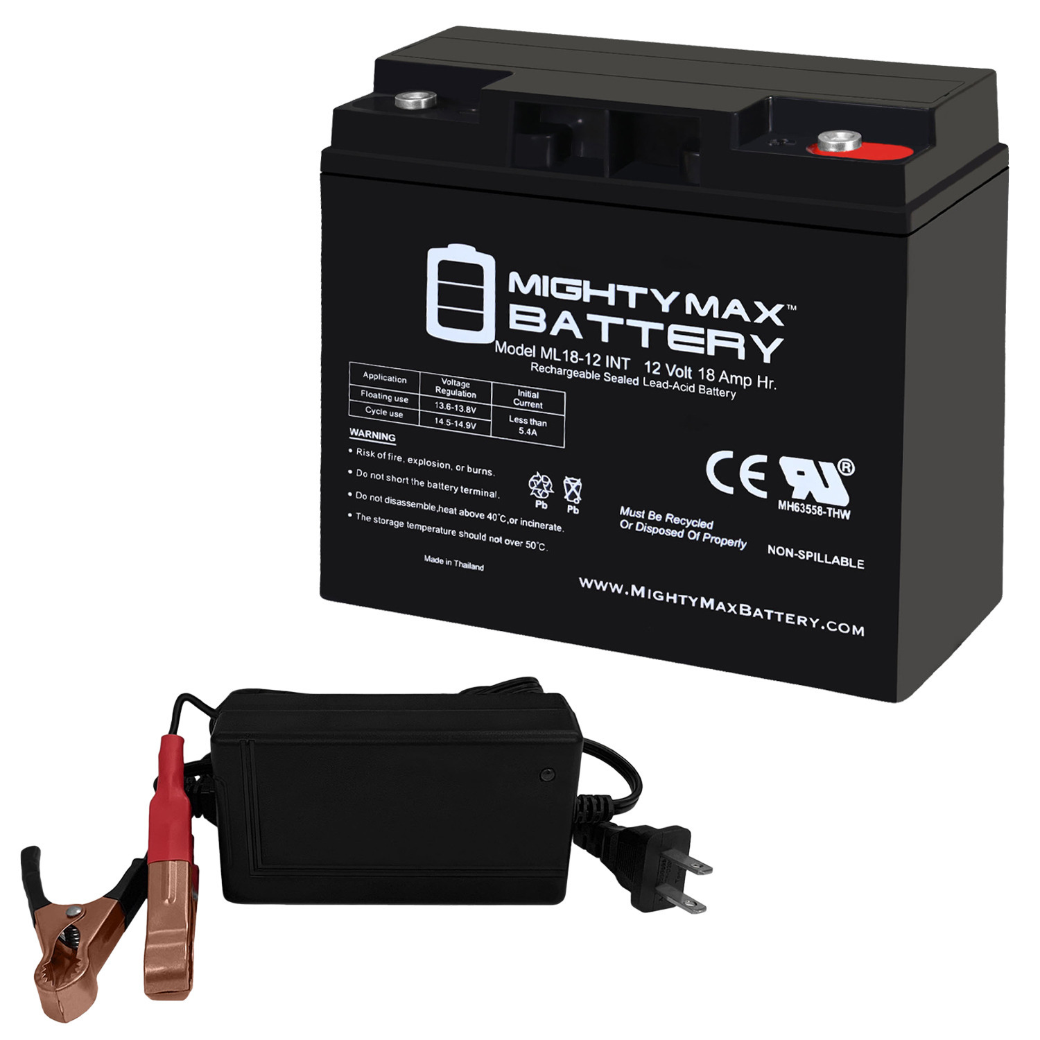 ML18-12INT - 12 Volt 18 AH, Internal Thread (INT) Terminal, Rechargeable SLA AGM Battery + 12V 4Amp Charger