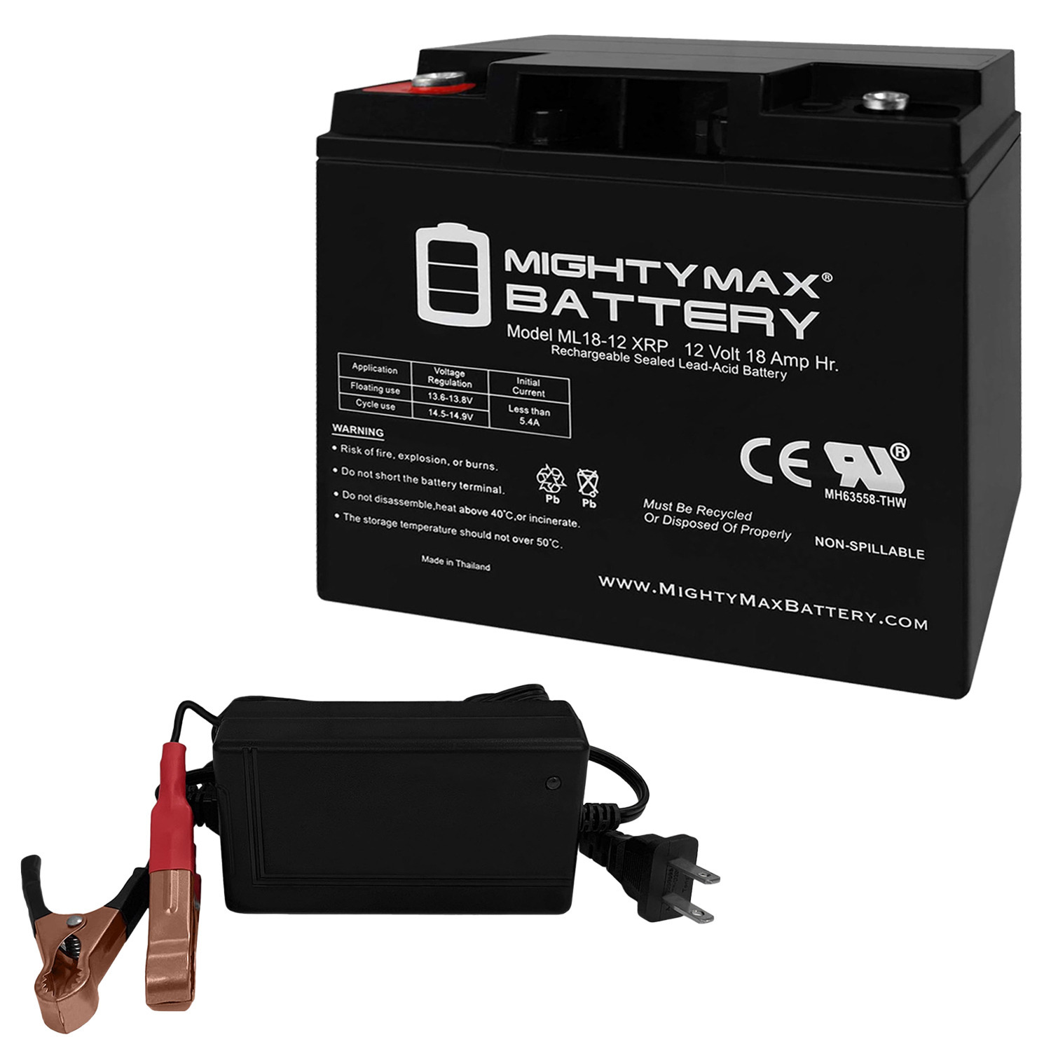 ML18-12XRP - 12 Volt 18 AH, Internal Thread (INT) Terminal, Reverse Polarity, Rechargeable SLA AGM Battery + 12V 4Amp Charger