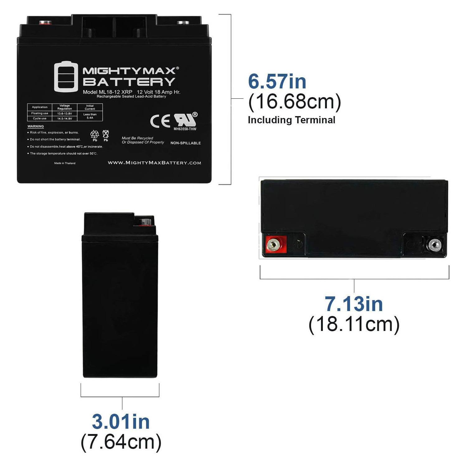 ML18-12XRP - 12 Volt 18 AH, Internal Thread (INT) Terminal, Reverse Polarity, Rechargeable SLA AGM Battery + 12V 4Amp Charger