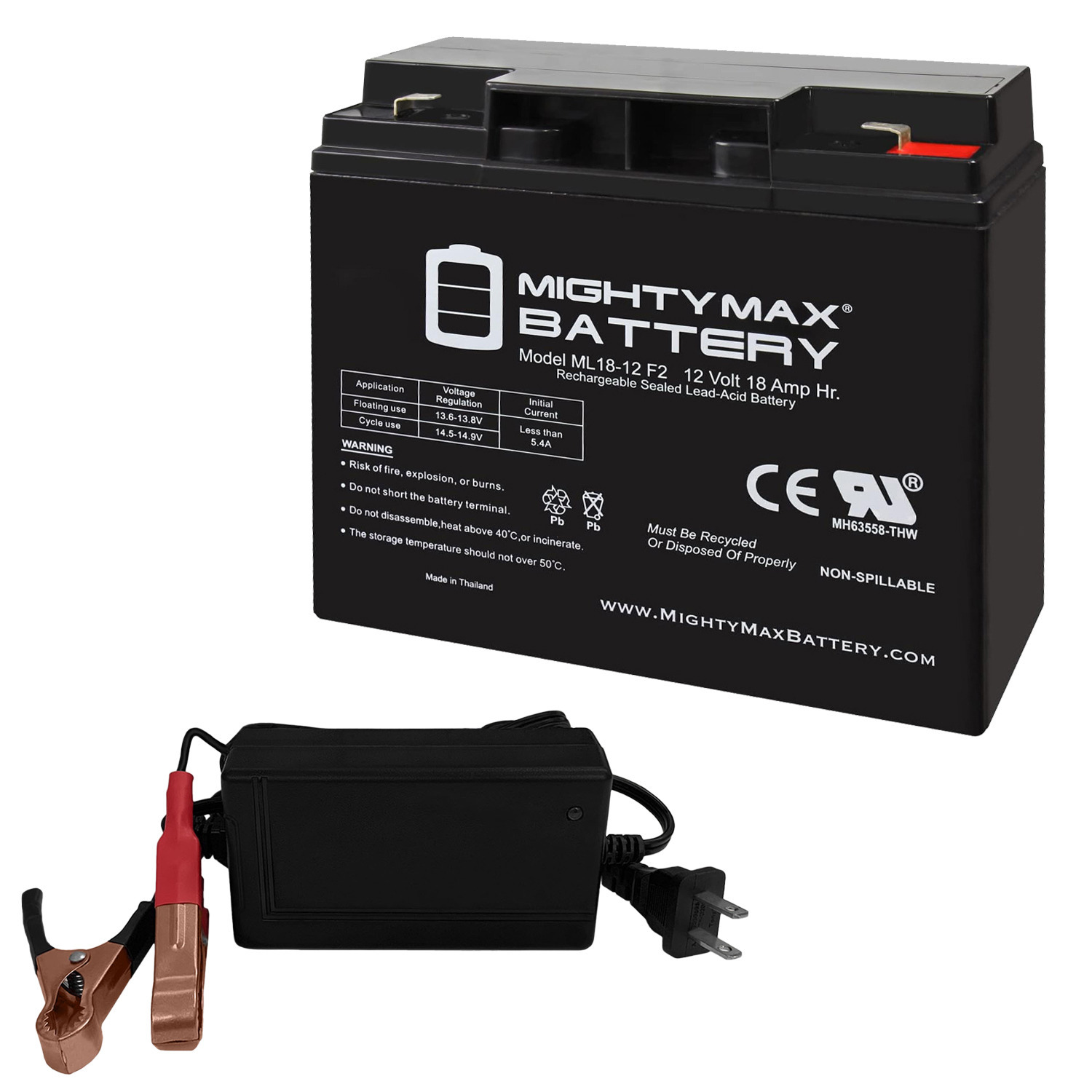 ML18-12F2 - 12 Volt 18 AH, F2 Terminal, Rechargeable SLA AGM Battery + 12V 4Amp Charger