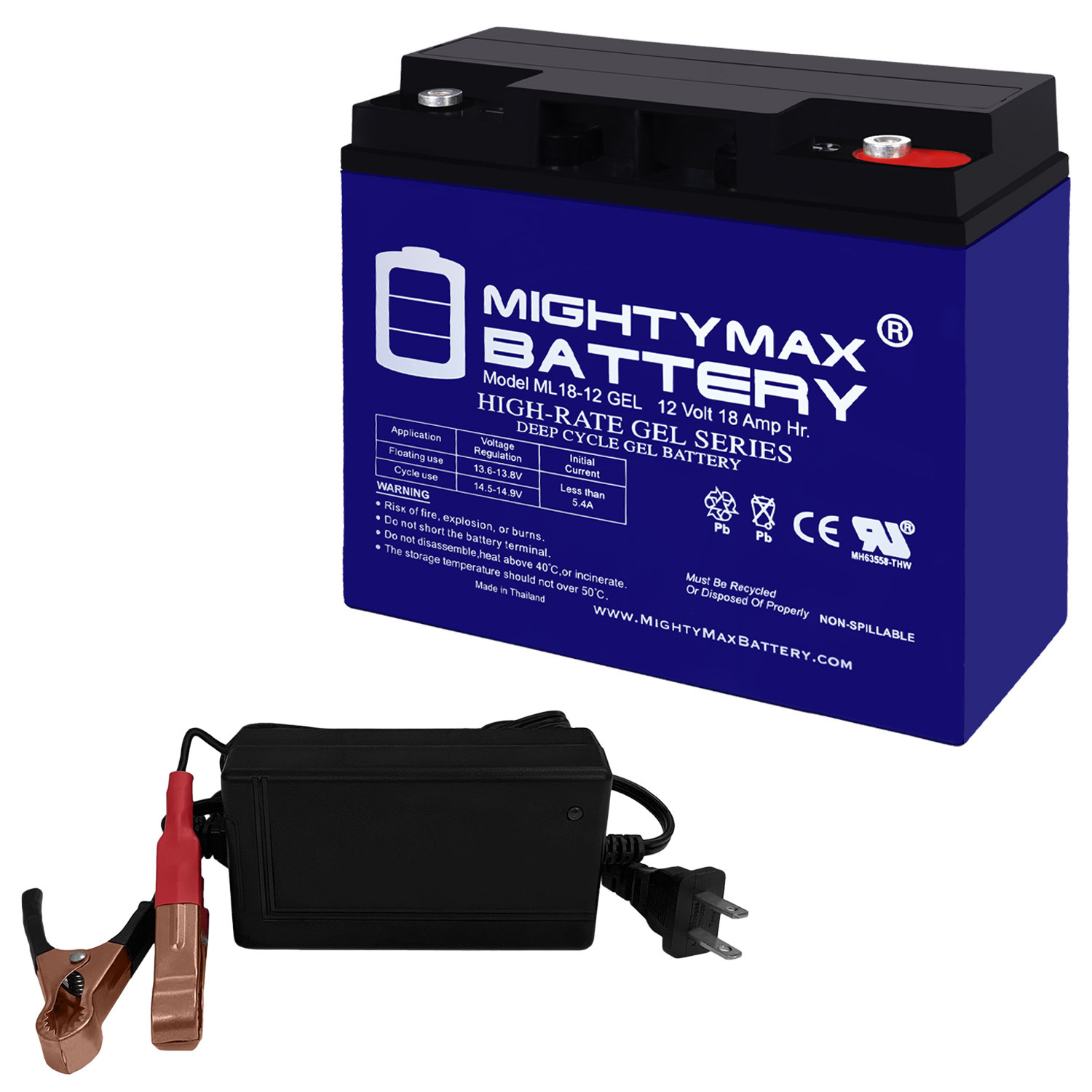 ML18-12 GEL - 12 Volt 18 AH, GEL Type, Internal Thread (INT) Terminal, Rechargeable SLA AGM Battery + 12V 4Amp Charger