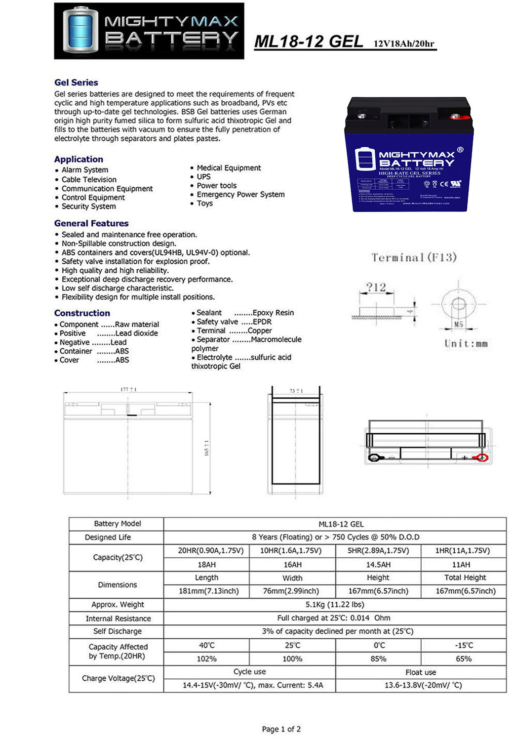 ML18-12 GEL - 12 Volt 18 AH, GEL Type, Internal Thread (INT) Terminal, Rechargeable SLA AGM Battery + 12V 4Amp Charger