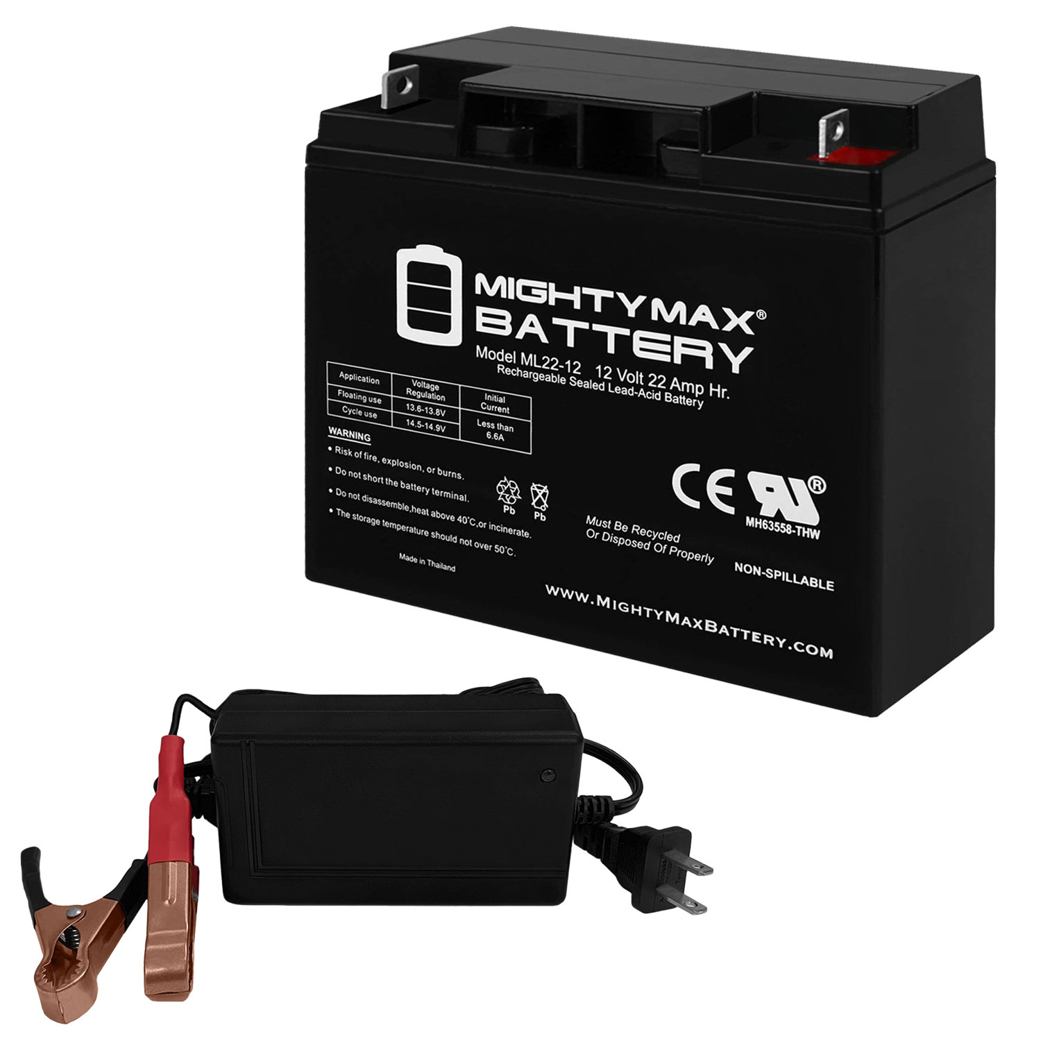 ML22-12 - 12 Volt 22 AH, Nut and Bolt (NB) Terminal, Rechargeable SLA AGM Battery + 12V 4Amp Charger