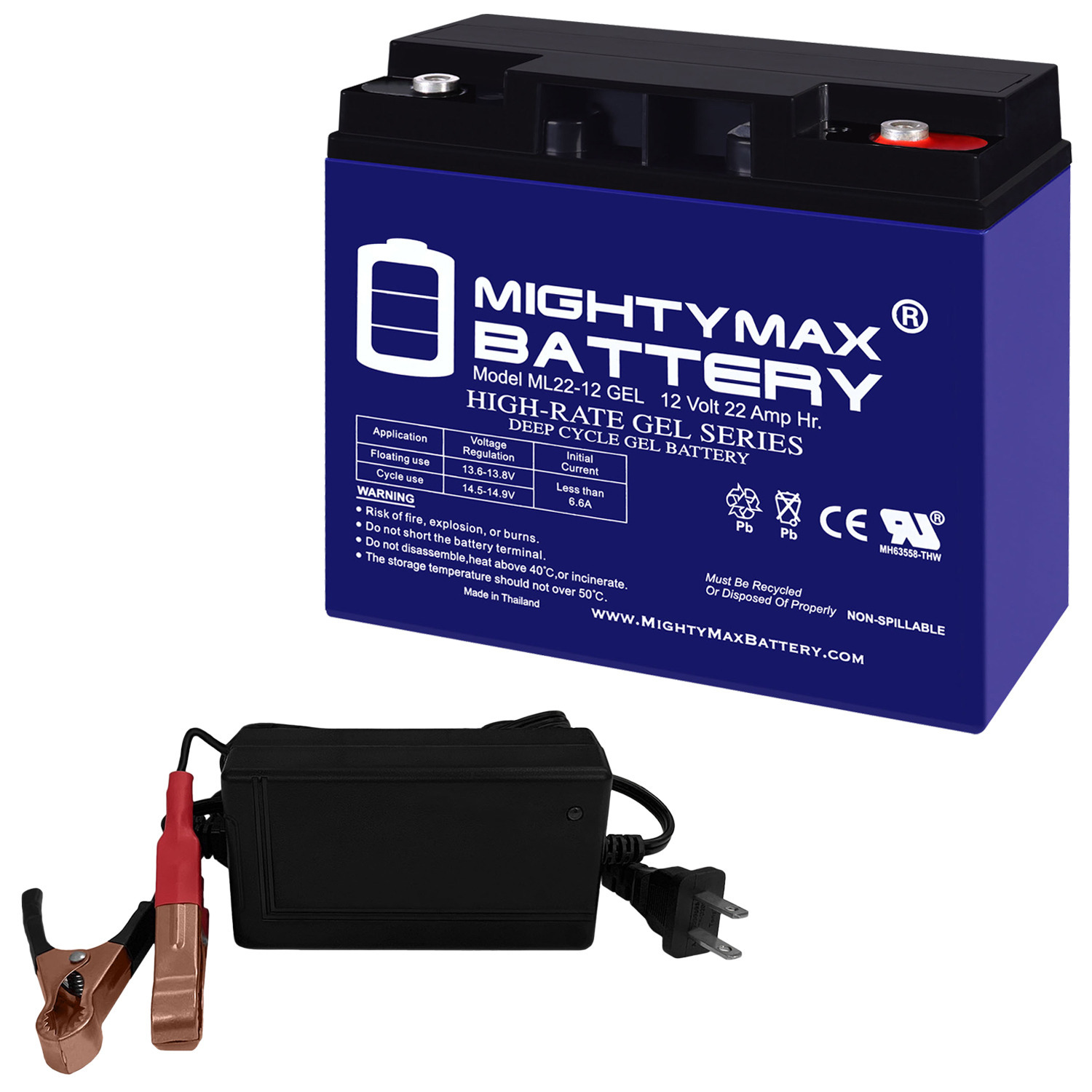 ML22-12 GEL - 12 Volt 22 AH, GEL Type, Internal Thread (INT) Terminal, Rechargeable SLA AGM Battery + 12V 4Amp Charger