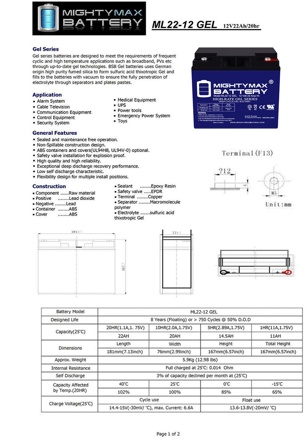 ML22-12 GEL - 12 Volt 22 AH, GEL Type, Internal Thread (INT) Terminal, Rechargeable SLA AGM Battery + 12V 4Amp Charger