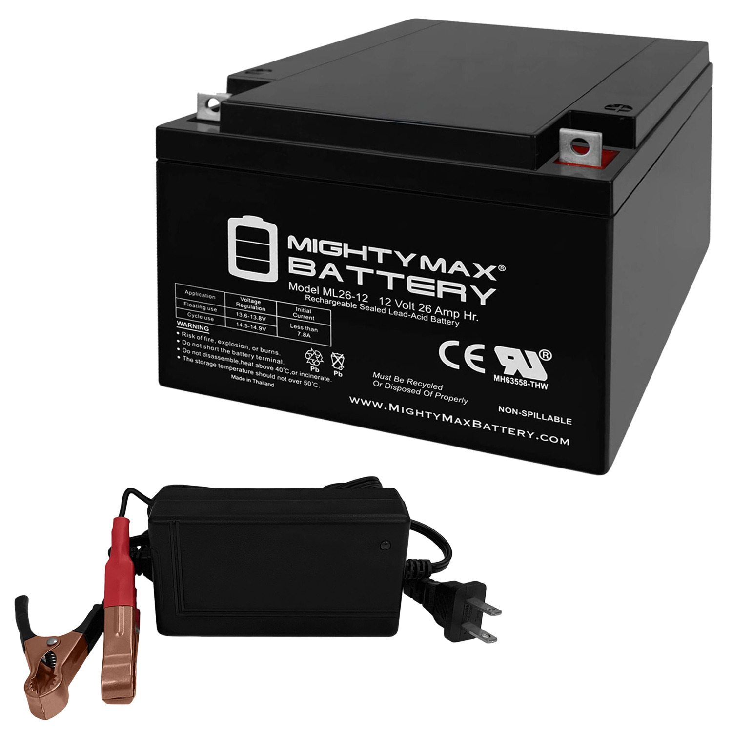 ML26-12 -12 Volt 26 AH, T3 Terminal, Rechargeable SLA AGM Battery + 12V 4Amp Charger