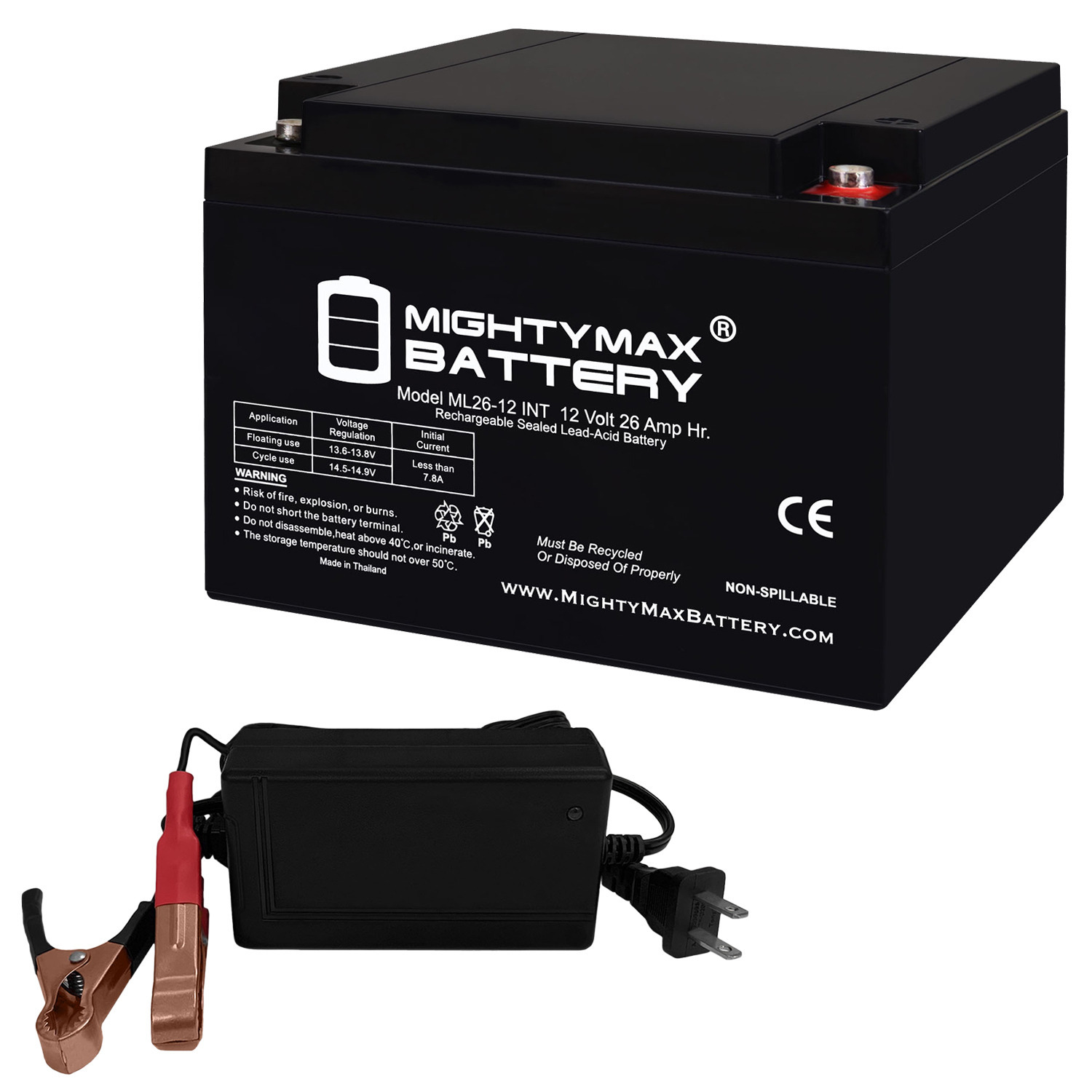 ML26-12INT - 12 Volt 26 AH, Internal Thread (INT) Terminal, Rechargeable SLA AGM Battery + 12V 4Amp Charger