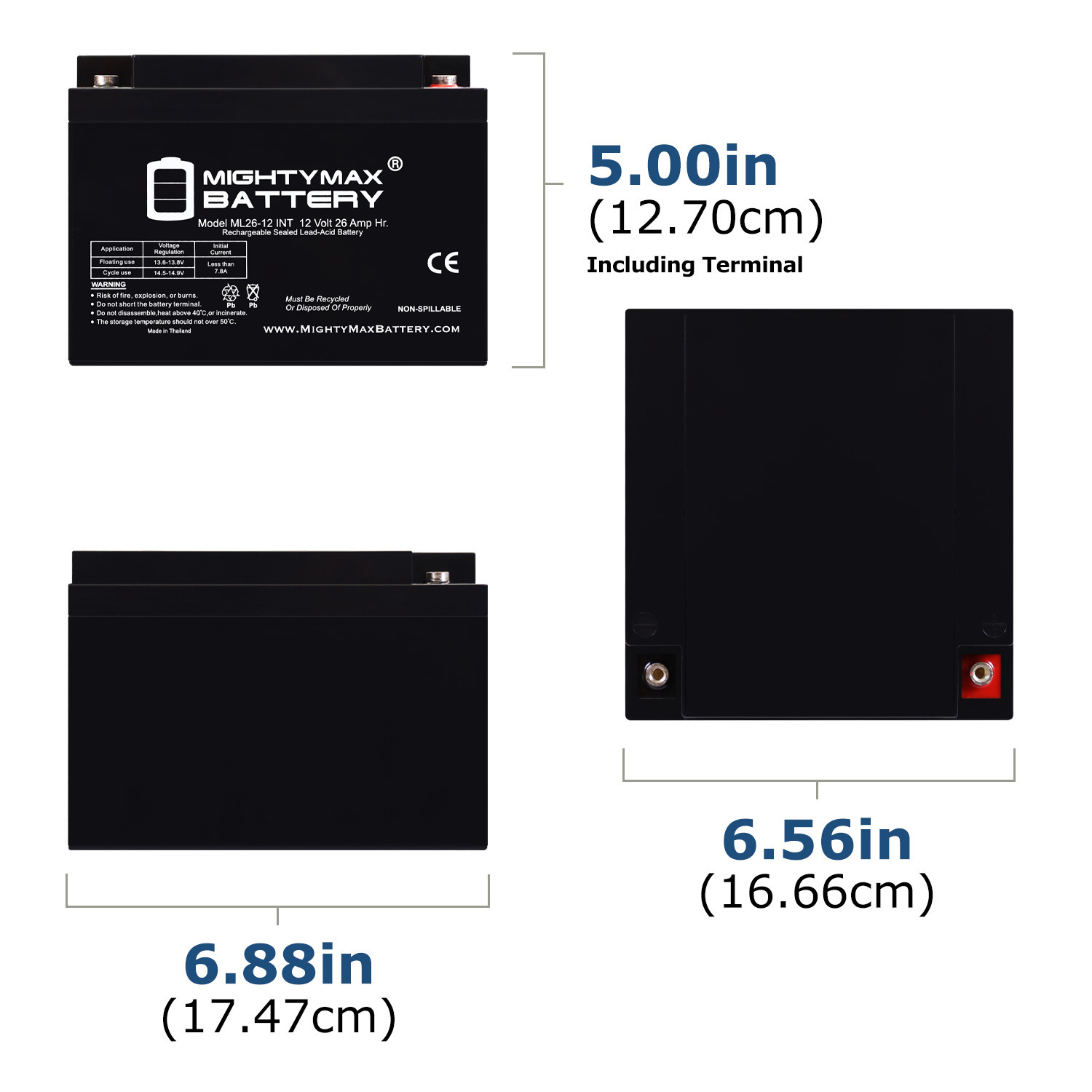 ML26-12INT - 12 Volt 26 AH, Internal Thread (INT) Terminal, Rechargeable SLA AGM Battery + 12V 4Amp Charger
