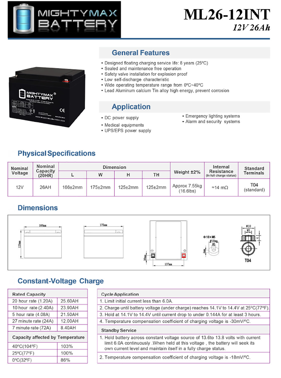 ML26-12INT - 12 Volt 26 AH, Internal Thread (INT) Terminal, Rechargeable SLA AGM Battery + 12V 4Amp Charger