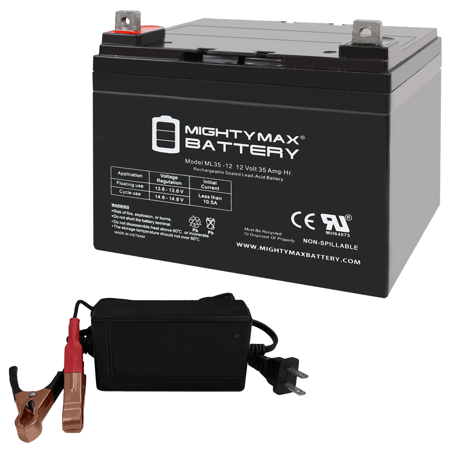 ML35-12 - 12 Volt 35 AH, Nut and Bolt (NB) Terminal, Rechargeable SLA AGM Battery + 12V 4Amp Charger